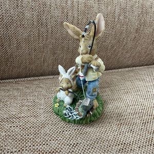 Ceramic Bunny Figurine with Father and Baby Bunny Catching a Fish